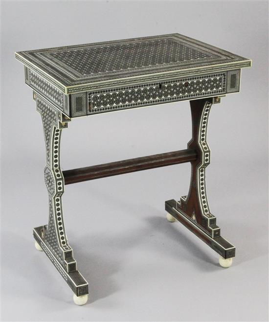 A 19th century Anglo-Indian ivory, sadeli and sandalwood work table, W.2ft.